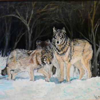 Painting titled "famille de loups su…" by Yves Le Mauff, Original Artwork, Oil