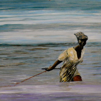 Peinture intitulée "la pêche à pied" par Yves Le Mauff, Œuvre d'art originale, Huile