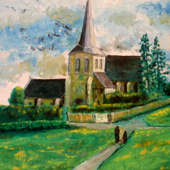 Painting titled "Eglise de campagne" by Yves Le Mauff, Original Artwork, Oil