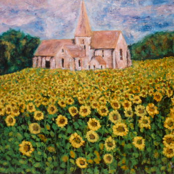 Painting titled "Eglise campagnarde…" by Yves Le Mauff, Original Artwork, Oil