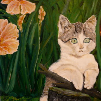 Schilderij getiteld "Chaton au jardin" door Yves Le Mauff, Origineel Kunstwerk, Olie