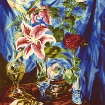 Peinture intitulée "iris et rose" par Yves Dupré, Œuvre d'art originale, Huile