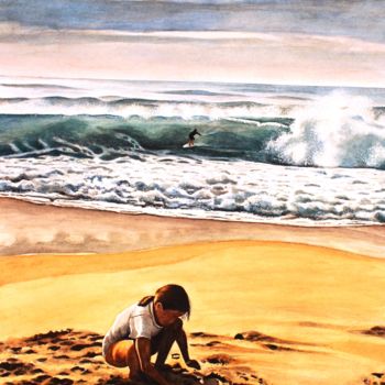 Peinture intitulée ""L'Enfant et la Vag…" par Yves Lafond, Œuvre d'art originale, Aquarelle