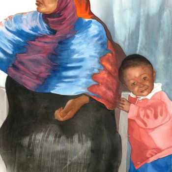 Pintura intitulada "NUBIENNE A L'ENFANT" por Yves Varlet, Obras de arte originais, Aquarela