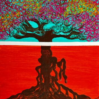 Schilderij getiteld "Tree of Love" door Yvonne Mwale, Origineel Kunstwerk, Acryl Gemonteerd op Frame voor houten brancard
