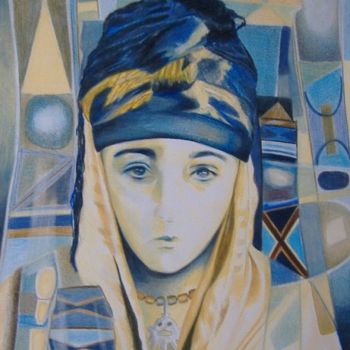Dessin intitulée "Femme au turban bleu" par Zekara, Œuvre d'art originale