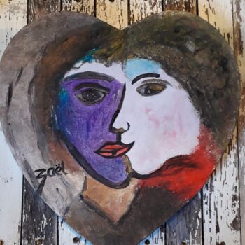 Painting titled "" LES DEUX AMANTS "" by Zaël, Original Artwork, Oil Mounted on Wood Stretcher frame