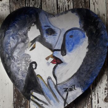 제목이 "" L'amour toujours""인 미술작품 Zaël로, 원작, 기름 나무 들것 프레임에 장착됨