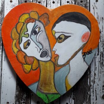 Painting titled "" LE BAISER "" by Zaël, Original Artwork, Oil Mounted on Wood Stretcher frame