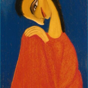 Dessin intitulée "Femme sur fond bleu" par Zahra Sarah Toughrai, Œuvre d'art originale, Pastel
