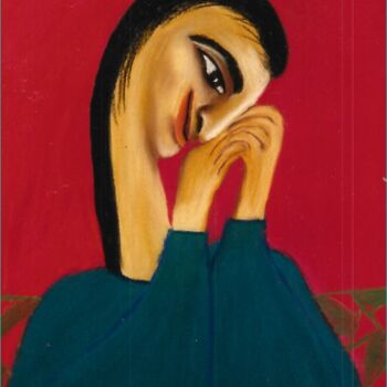 Desenho intitulada "Femme sur fond rouge" por Zahra Sarah Toughrai, Obras de arte originais, Pastel