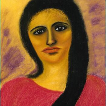 Desenho intitulada "Femme en tunique ro…" por Zahra Sarah Toughrai, Obras de arte originais, Pastel