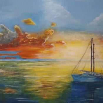 Painting titled "La mer calme" by Abdelhalim Zidouk, Original Artwork, Oil Mounted on Wood Stretcher frame