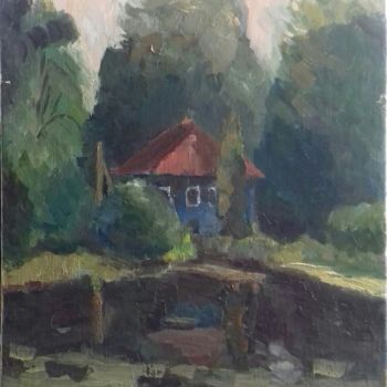 Painting titled "Домик у озера." by Anastasiia Zakharova, Original Artwork, Oil