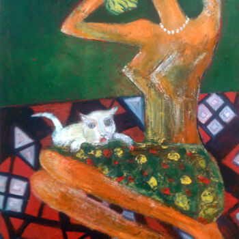 Peinture intitulée ".Girl and cat" par Zakir, Œuvre d'art originale, Huile