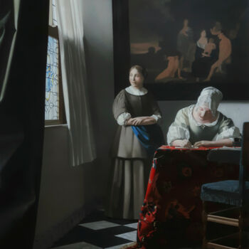 Pintura intitulada "Schrijvende vrouw m…" por Zapta, Obras de arte originais, Óleo Montado em Armação em madeira
