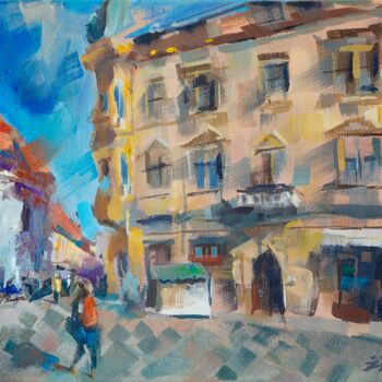 Painting titled "Hometown postcards…" by Zarko Radovanovic, Original Artwork, Acrylic Mounted on Wood Stretcher frame