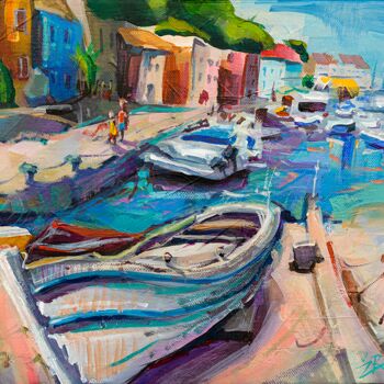 Painting titled "In the harbour" by Zarko Radovanovic, Original Artwork, Acrylic Mounted on Wood Stretcher frame