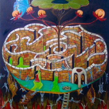 Schilderij getiteld "Mundos paralelos" door Zarzas, Origineel Kunstwerk, Olie Gemonteerd op Frame voor houten brancard