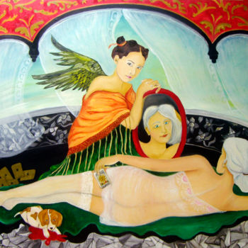 Painting titled "El ángel verde o El…" by Zarzas, Original Artwork, Oil Mounted on Wood Stretcher frame