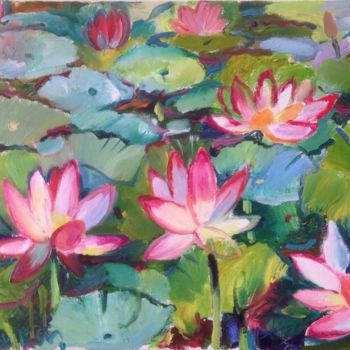 Pintura intitulada "Лотосы ( Lotus flow…" por Lyudmila Glinshchikova, Obras de arte originais, Óleo Montado em Armação em ma…