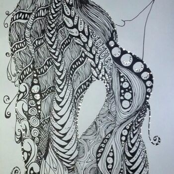 Рисунок под названием "Zentangle Art Hair" - Zeeni, Подлинное произведение искусства, Чернила