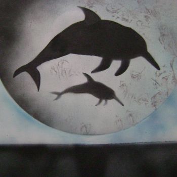 Pintura titulada "Golfinhos ao luar" por José Luís Francisco Zé, Obra de arte original, Oleo