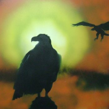 Painting titled "Águias ao por do sol" by José Luís Francisco Zé, Original Artwork, Oil