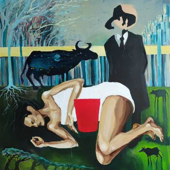 Painting titled "Milkmaid on the Lin…" by Zenya Gorlik, Original Artwork, Acrylic