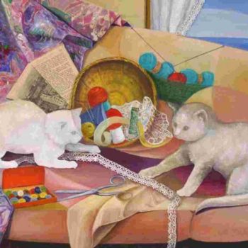 Painting titled "Les chats blancs" by Monique Amiot, Original Artwork, Oil