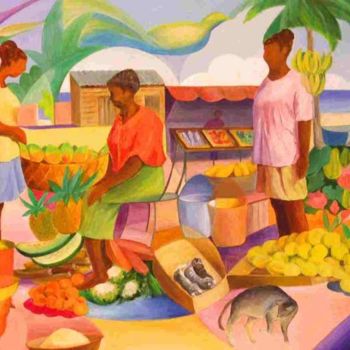 Painting titled "Marché aux Antilles" by Monique Amiot, Original Artwork, Oil