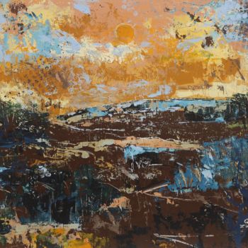 Painting titled "Sunrise on the Moor" by Galina Zimmatore, Original Artwork, Acrylic Mounted on Wood Panel