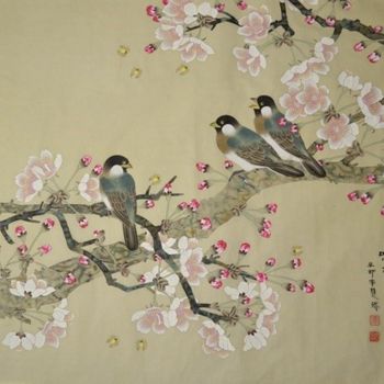 Malerei mit dem Titel "Tweeting spring 鸣春" von Huizhen Zhang Zhang Hui Zhen, Original-Kunstwerk, Pigmente
