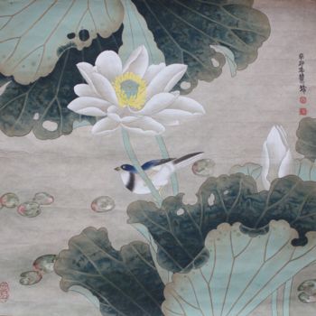 Malerei mit dem Titel "White lotus flower白…" von Huizhen Zhang Zhang Hui Zhen, Original-Kunstwerk, Pigmente