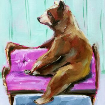 Painting titled "Bear Painting Fores…" by Zhanna Kan, Original Artwork, Oil