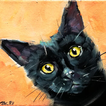 Картина под названием "Black Cat Portrait,…" - Zhanna Kan, Подлинное произведение искусства, Масло