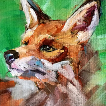 Painting titled "Fox Portrait Forest…" by Zhanna Kan, Original Artwork, Oil