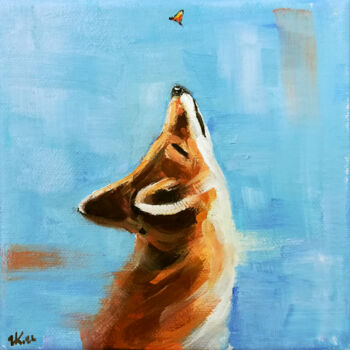 Painting titled "Fox & Butterfly Wil…" by Zhanna Kan, Original Artwork, Oil