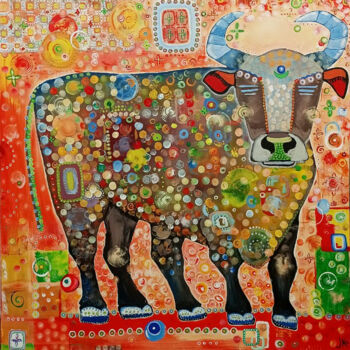 Schilderij getiteld "Spring cow" door Zhenya Kraynova (J.K), Origineel Kunstwerk, Acryl Gemonteerd op Frame voor houten bran…