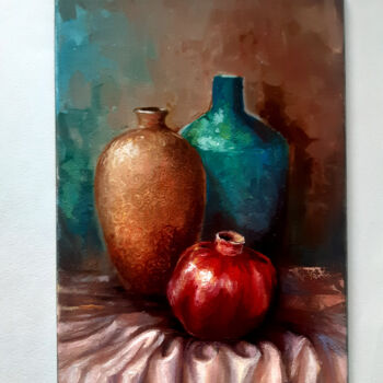Painting titled "VESSELS AND POMEGRA…" by Zhirayr Khachatryan, Original Artwork, Oil Mounted on Wood Stretcher frame