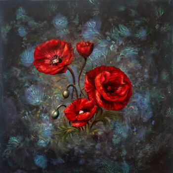 Painting titled "MIDNIGHT POPPIES" by Zhirayr Khachatryan, Original Artwork, Oil Mounted on Wood Stretcher frame