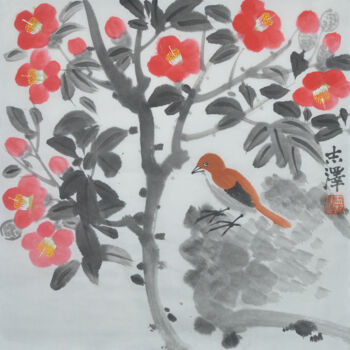 Pintura intitulada "Camellia 2" por Zhize Lv, Obras de arte originais, Pigmentos