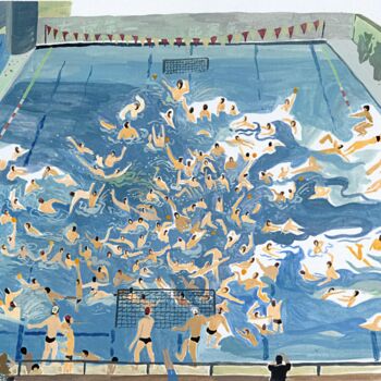 Painting titled "Swimming pool" by Zhu Rong, Original Artwork, Gouache