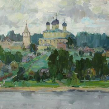 Painting titled "Small town on the r…" by Juliya Zhukova, Original Artwork, Oil