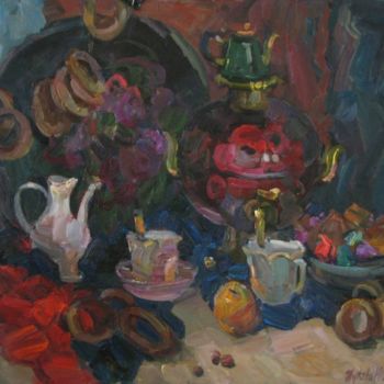 Ζωγραφική με τίτλο "Tea with bread-rings" από Juliya Zhukova, Αυθεντικά έργα τέχνης, Λάδι