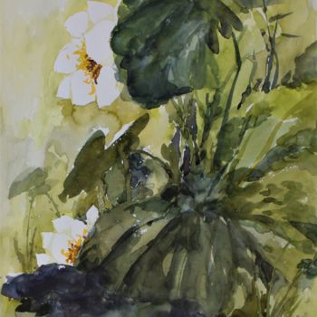 Painting titled "Lotus N°2" by Yan Zhu, Original Artwork, Watercolor