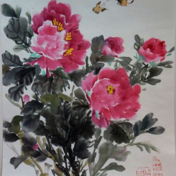 Peinture intitulée "Pivoines" par Yan Zhu, Œuvre d'art originale, Encre