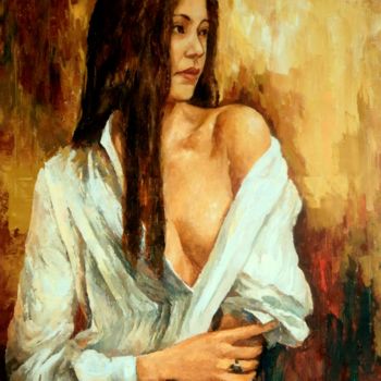 Malerei mit dem Titel "Portrait d'une fille" von Yan Zhu, Original-Kunstwerk, Öl