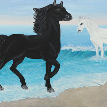 Painting titled "Pferde und das Meer" by Mara Cikulin, Original Artwork, Oil