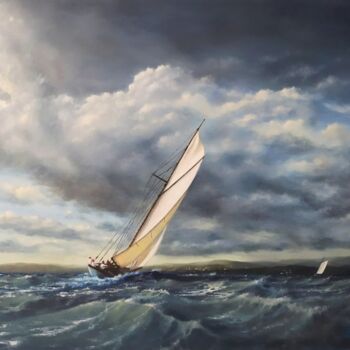 Ζωγραφική με τίτλο "''Vintage yacht in…" από Zigmars ''Sigmar'' Grundmanis, Αυθεντικά έργα τέχνης, Λάδι